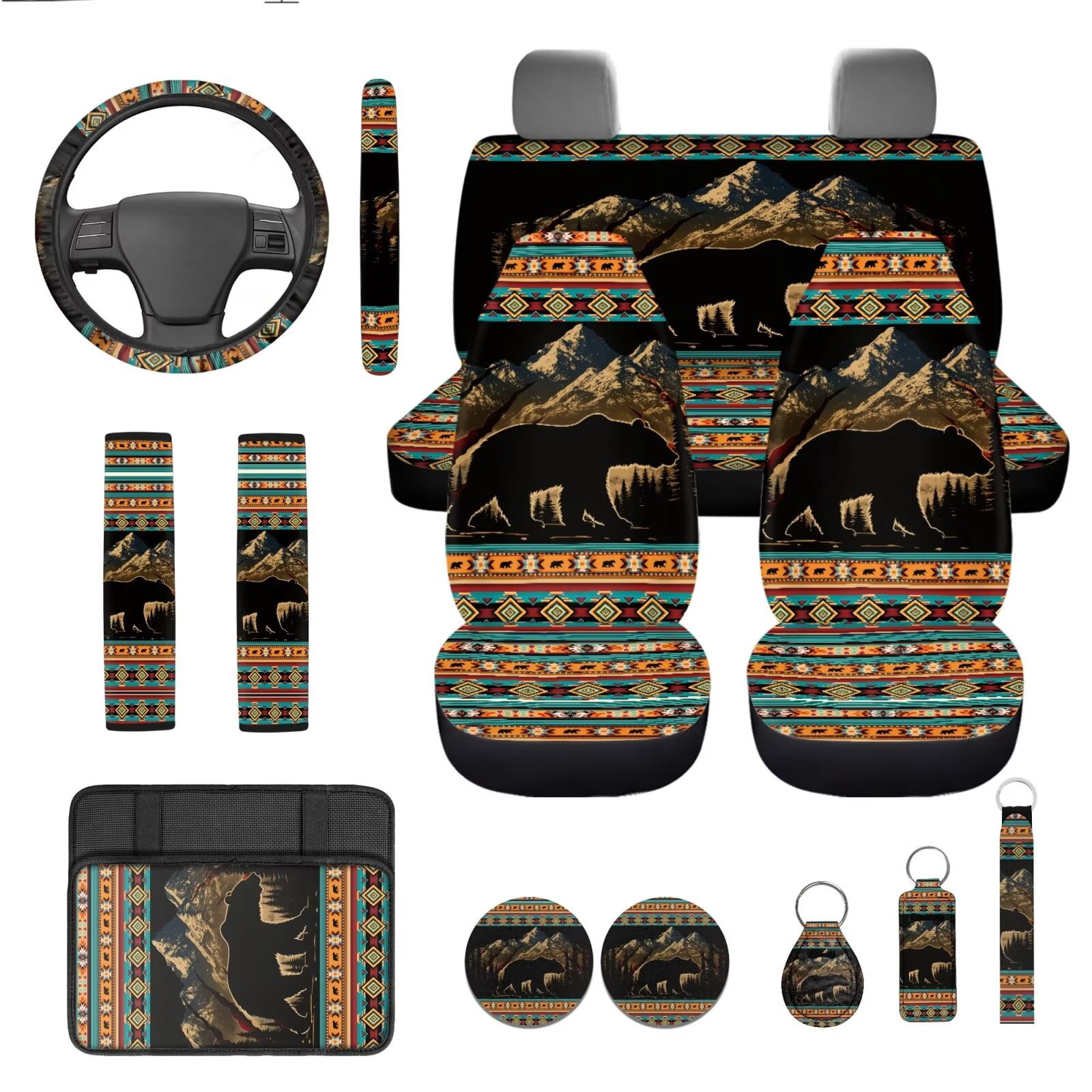 Garronmavis Aztec Bear Women's Auto Accessories 13 Piece Car Seat Cover Set with Steering Wheel Cover Seat Belt Cover Key Fob Lipstick Cover Coaster Protective Cover for Trucks Van SUV
