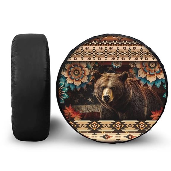 Garronmavis Aztec Brown Bear Auto Spare Tire Covers for Most Cars Rv Essentials Weatherproof 15 Inch Camper Spare Tire Cover
