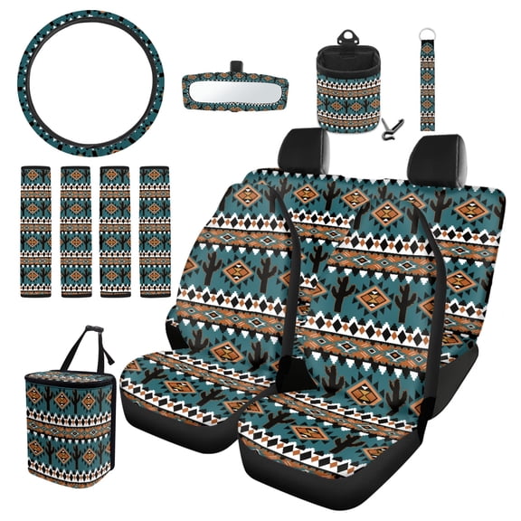 Garronmavis Aztec Cactus 13 PCS Car Seat Cover Full Set 4 Pieces Car Seat Covers Steering Wheel Cover Keychain Car Trash Can Car Dash Accessories Auto Rear View Mirror Covers