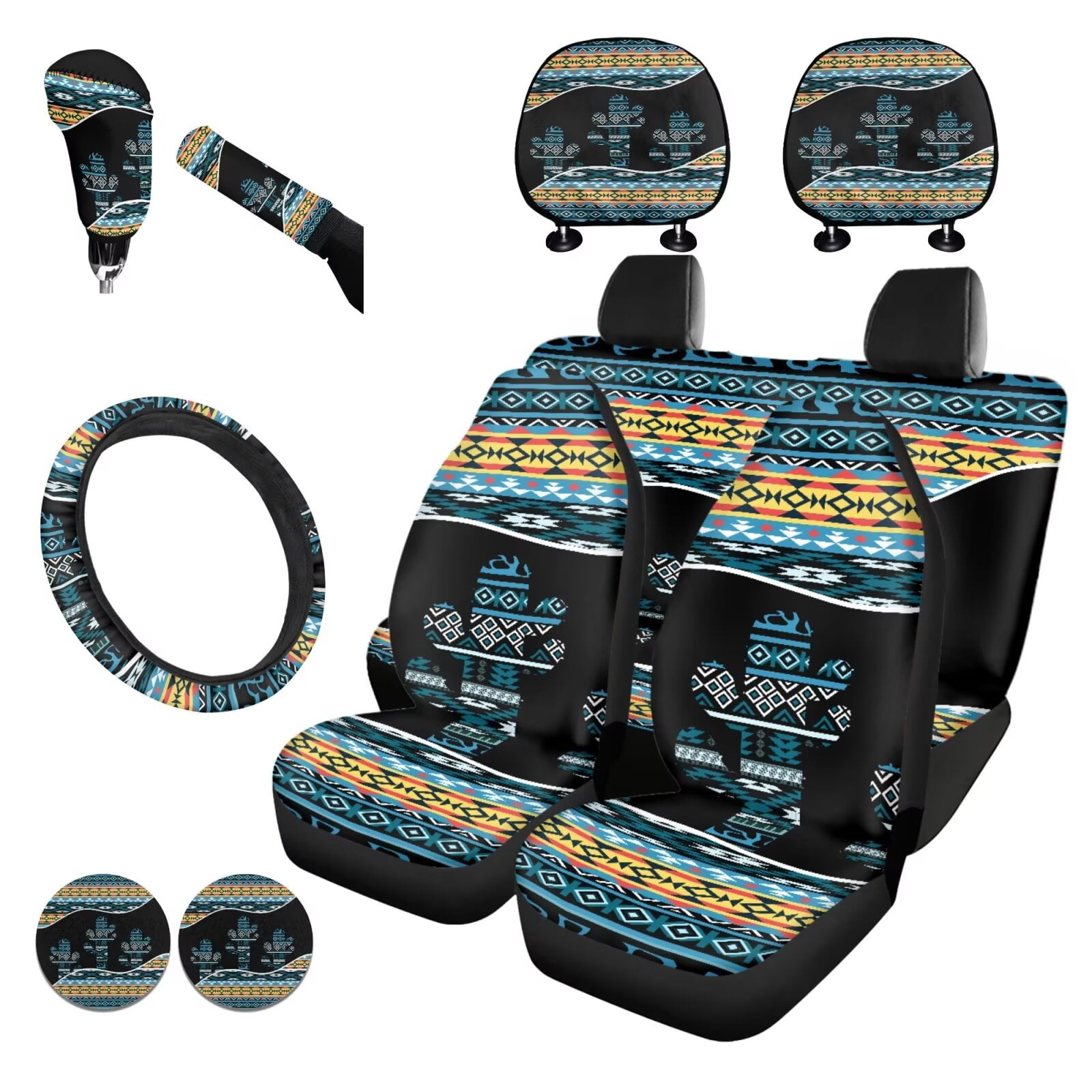 Garronmavis Aztec Cactus Pattern Universal Polyester Car Seat Covers Full Set Steering Wheel Cover Gear Shift Cover Handbrake Cover Headrest Cover Cup Coasters for Accessories Interior Sets