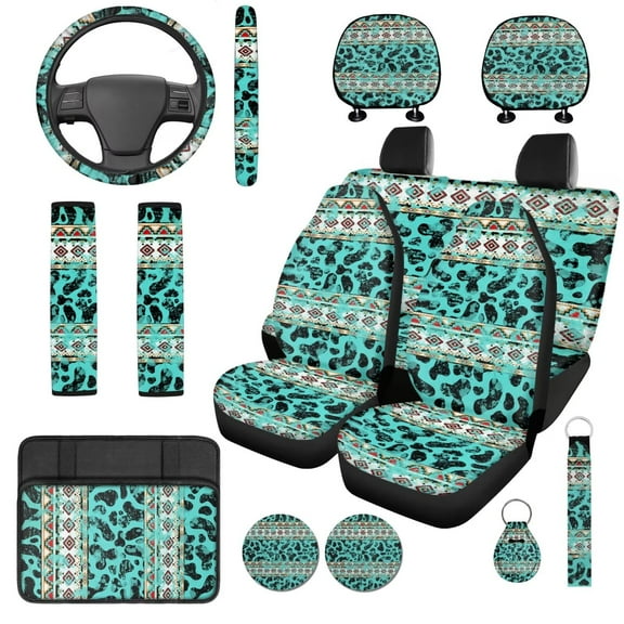 Garronmavis Aztec Cow Print 14 Pack Car Seat Covers Set with Car Head Rest Cover Steering Wheel Protector Armrest Cover Car Seat Belt Covers Keychain and Coaster Universal Fit for Most Cars SUV