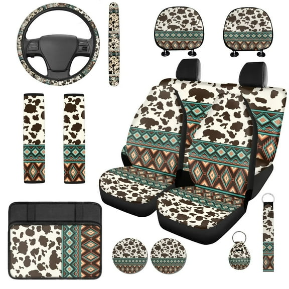 Garronmavis Aztec Cow Print 14 Pack Car Seat Covers Set with Car Headrest Cover Steering Wheel Protector Auto Armrest Cover Seat Belt Covers Keychain and Coaster Compatible with Most Cars,SUV
