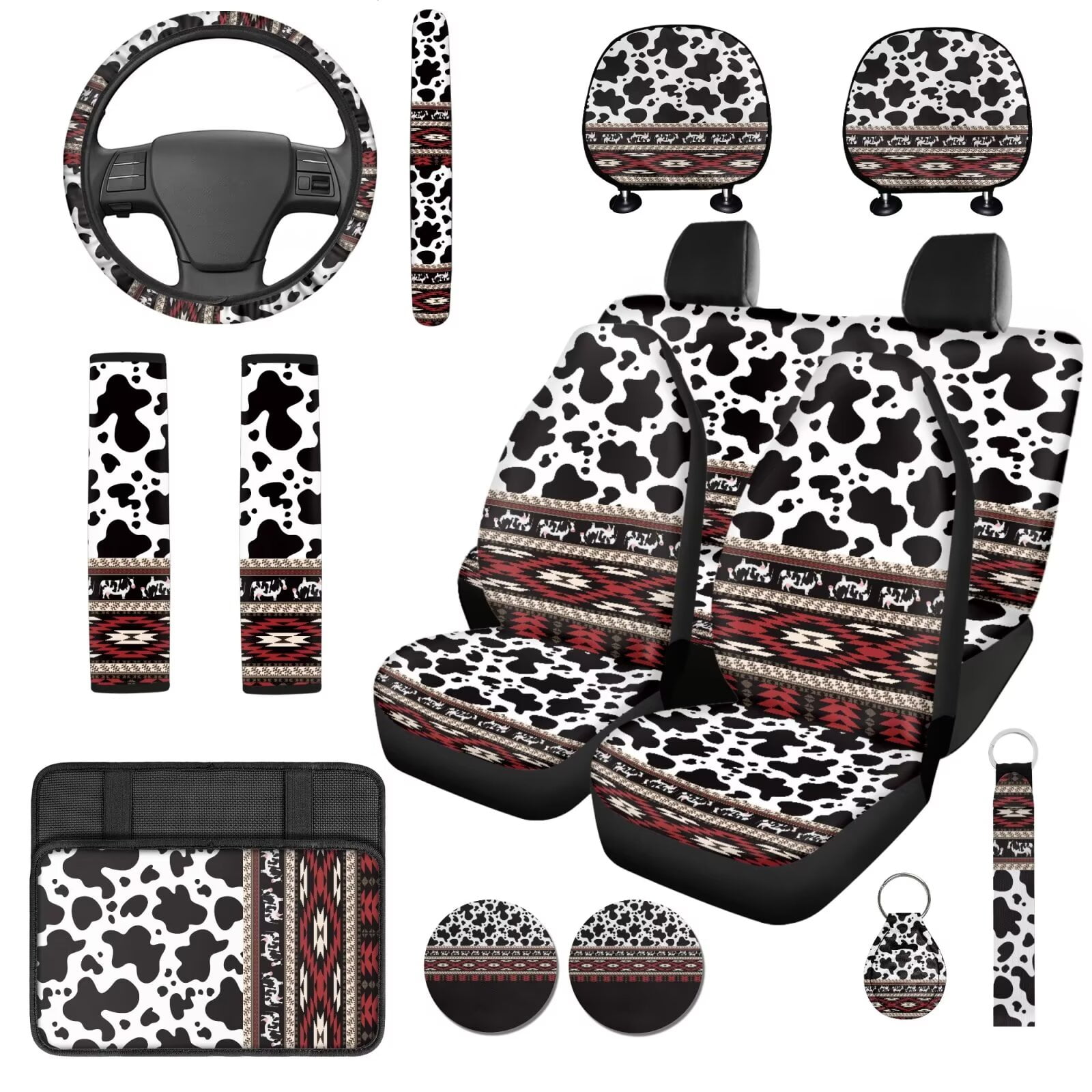 Garronmavis Aztec Cow Print 14 Pcs Car Seat Covers Set with Car Headrest Protector Steering Wheel Cover Arm Rest Cover Auto Seat Belt Covers Keychain and Cup Coaster Fit for Most Cars, SUV