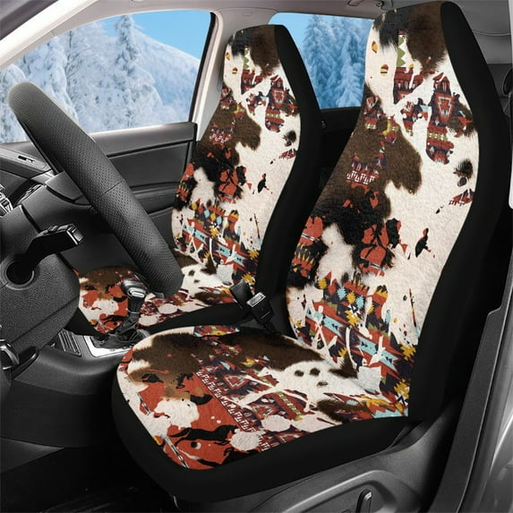 Garronmavis Aztec Cow Print Fluffy Car Seat Covers 2 Piece Car Front Seat Covers Elastic Seat Dust Cover Fits Most Cars SUV Sedans Trucks