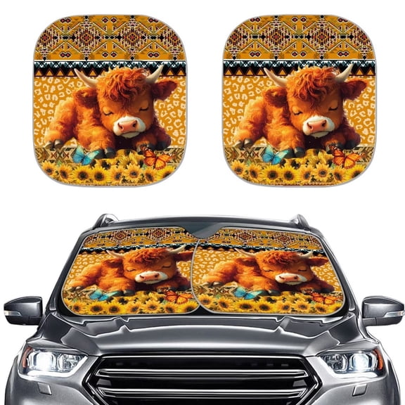 Garronmavis Aztec Cute Highland Cow Sun Shade Car Windshield 2 PC Auto Sun Blocker Visor Protector Car Sunshade,28.5x25.5 Inch