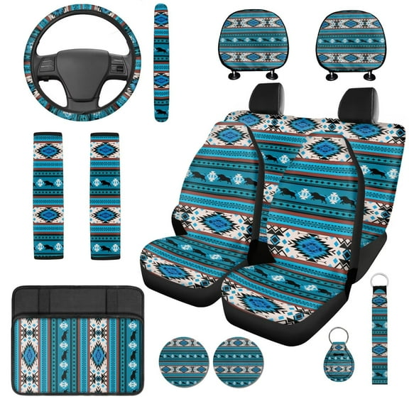 Garronmavis Aztec Geometry 14 Pcs Car Seat Covers Set with Headrest Protector Steering Wheel Cover Car Arm Rest Cover Seat Belt Covers Keychain and Coaster Universal Fit for Auto Cars SUV