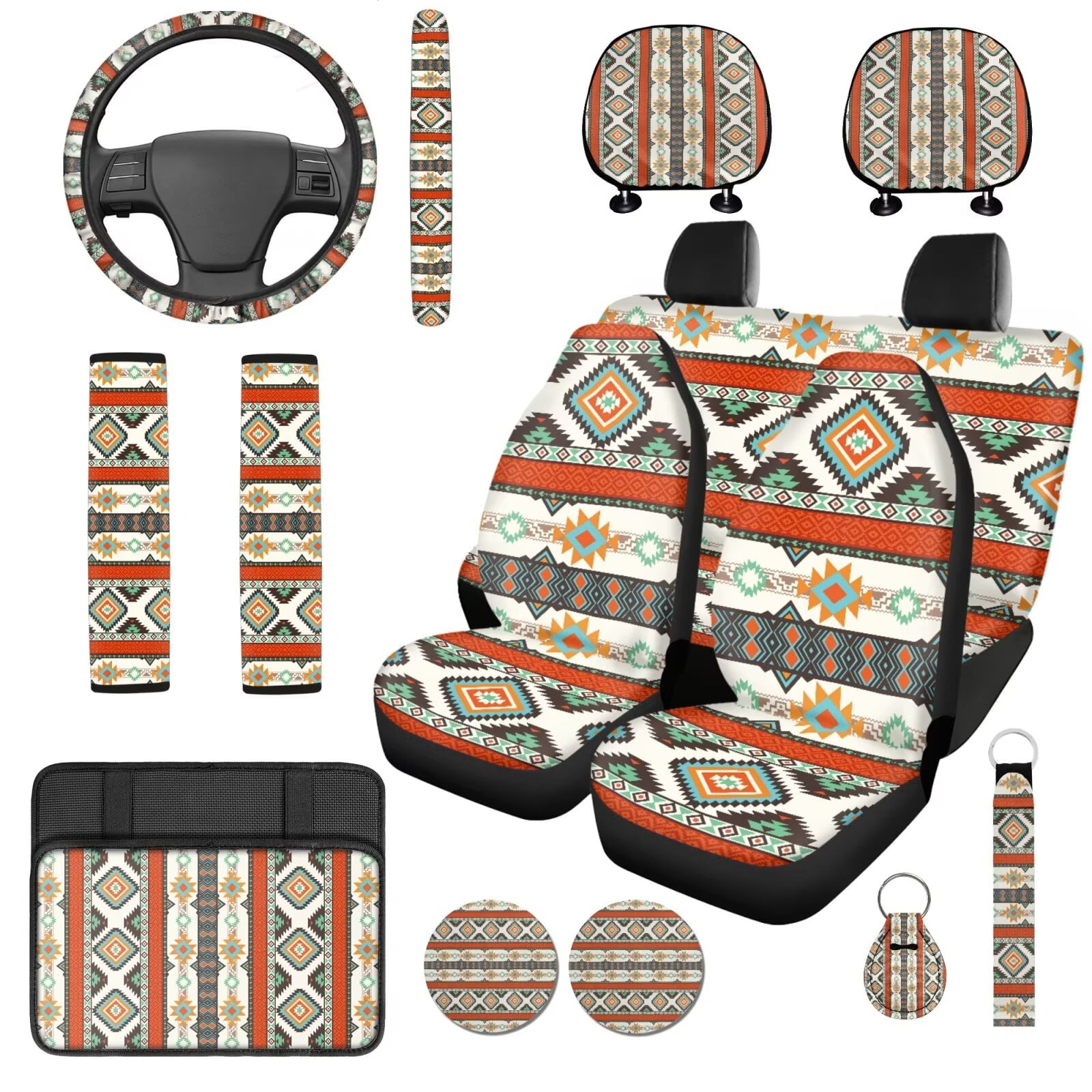Garronmavis Aztec Geometry Automobile Seat Covers Sets 14 Pcs Car Steering Wheel Cover Head Rest Protector Armrest Cover Seat Belt Covers Keychain and Coaster Universal Fit for Most Cars SUV