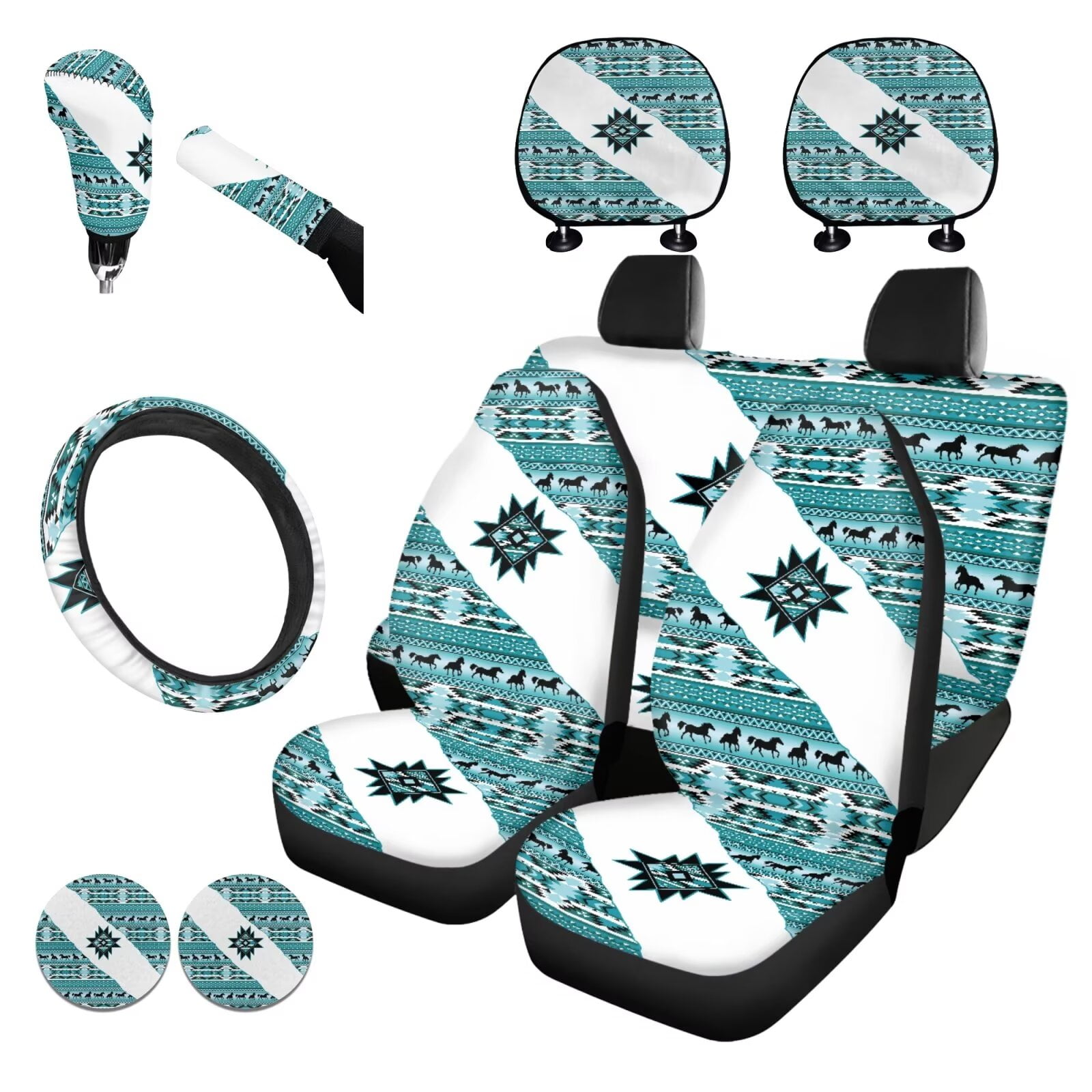 Garronmavis Aztec Geometry Car Seat Cover Full Set Car Accessories for Front Rear Seat Steering Wheel Cover Gear Shift Cover Handbrake Cover Headrest Cover Cup Coasters for Sedan SUV Truck