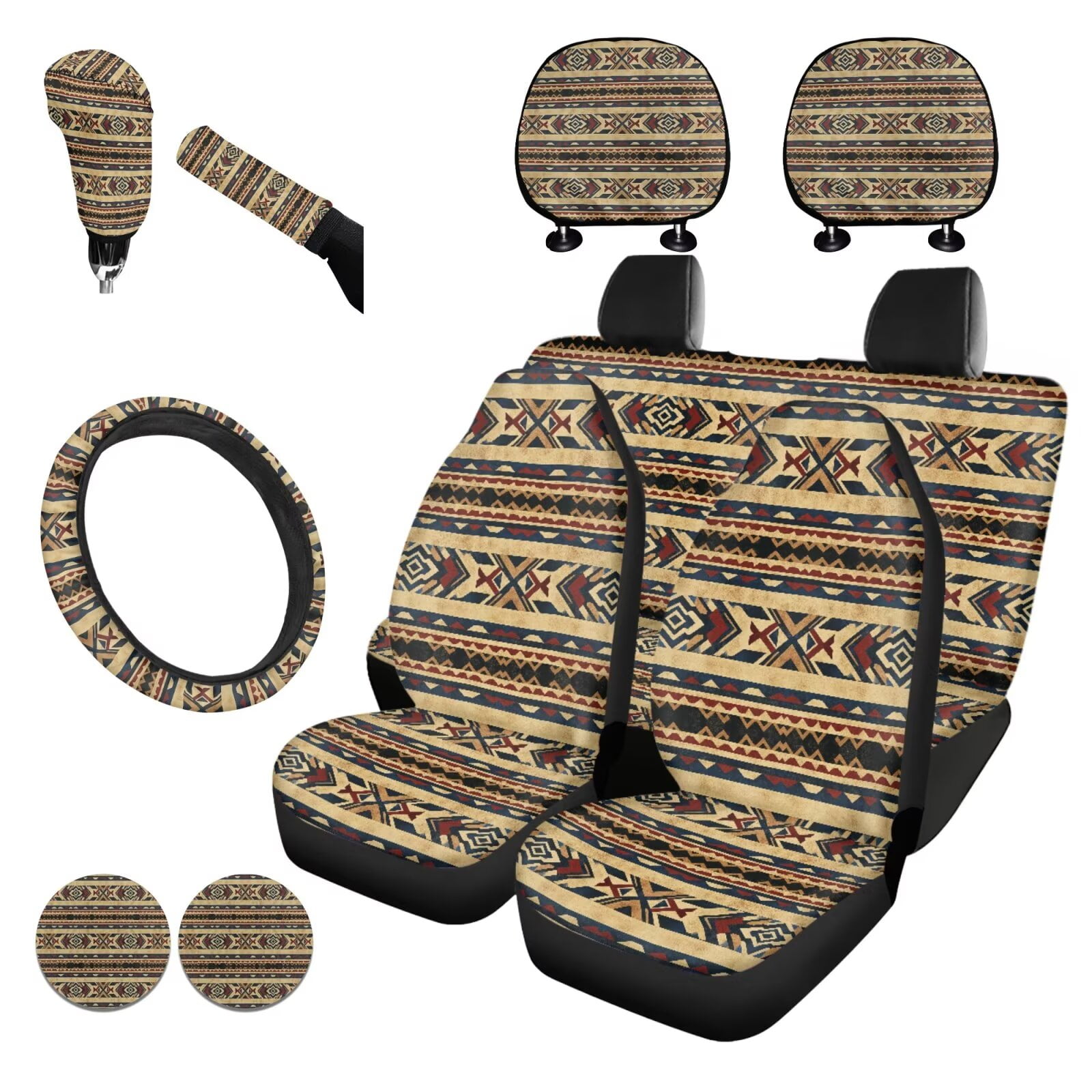Garronmavis Aztec Geometry Car Seat Covers Full Set Tribe Style with Steering Wheel Wrap Gear Shift Cover Handbrake Sleeve Headrest Protectors Cup Coaster Fit for Most Sedan Van Truck