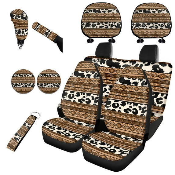 Garronmavis Aztec Geometry Car Seat Covers Set Pack 11 Pcs with Auto Headrest Cover+Handbrake Gear+Shift Knob Cover+Auto Cup Coaster+Wristlet Keychain Fit for Most Sedan Van Truck