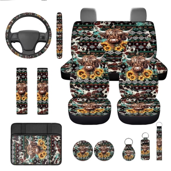 Garronmavis Aztec Highland Cow 13 PCS Car Seat Cover Set Including Steering Wheel Cover, Seat Belt Pad, Coaster, Keychain, Lipstick Cover Universal Auto Accessories
