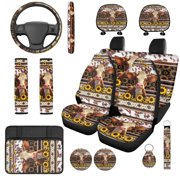 Garronmavis Aztec Highland Cow Automobile Seat Covers Sets 14 Pack Steering Wheel Cover Head Rest Protector Auto Armrest Cover and Car Seat Belt Covers Anti-Slip Universal Fit for Cars SUV