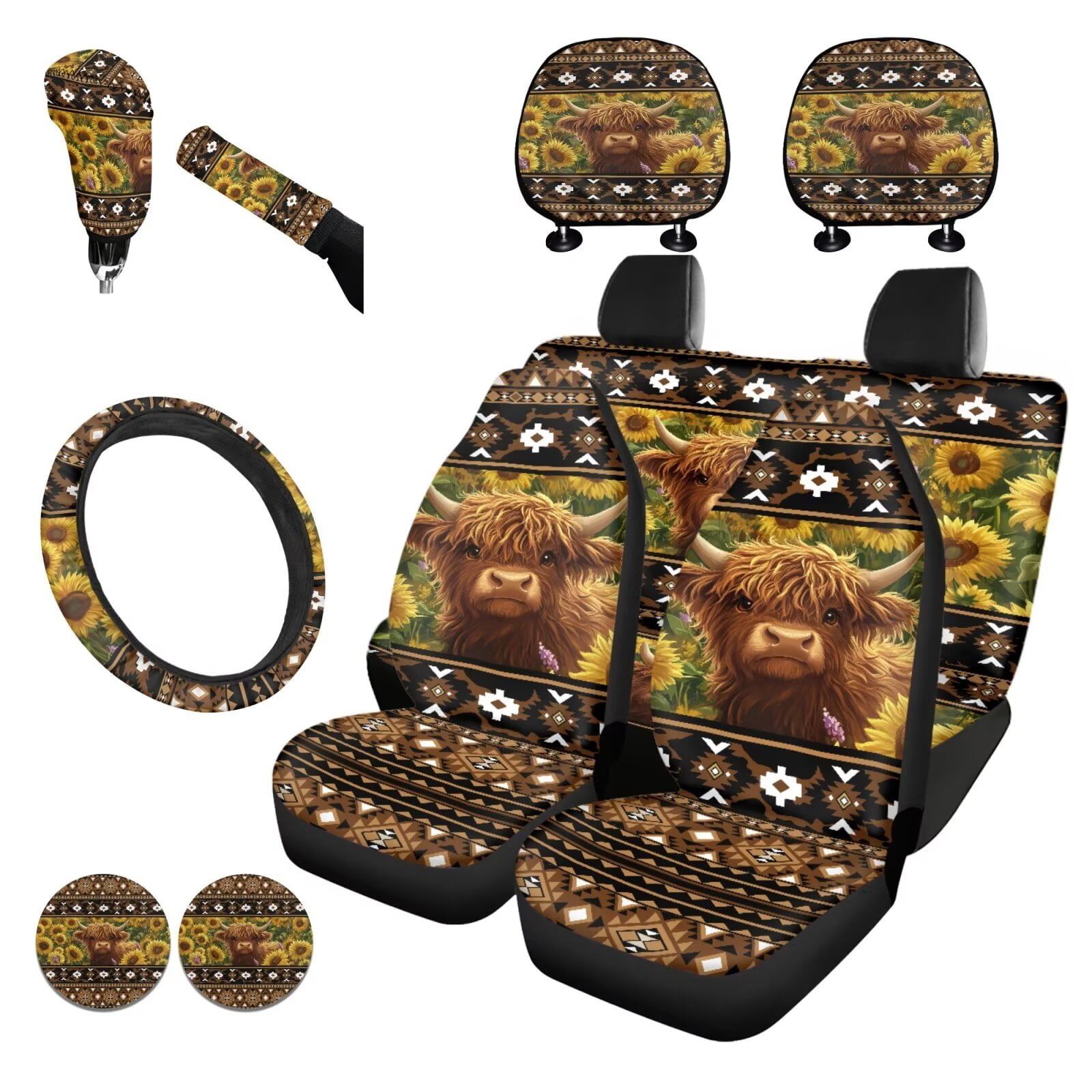 Garronmavis Aztec Highland Cow Car Accessories Set Breathable Air with Steering Wheel Wrap Gear Shift Cover Handbrake Sleeve Headrest Protectors Cup Coasters Easy to Install Auto Interior Protector