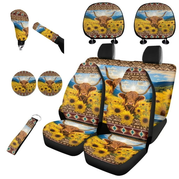 Garronmavis Aztec Highland Cow Car Seat Cover Full Set Tribe Style Vehicle Cushion Protectors with Auto Headrest Cover Handbrake Gear Shift Knob Cover Auto Cup Coaster Wristlet Keychain