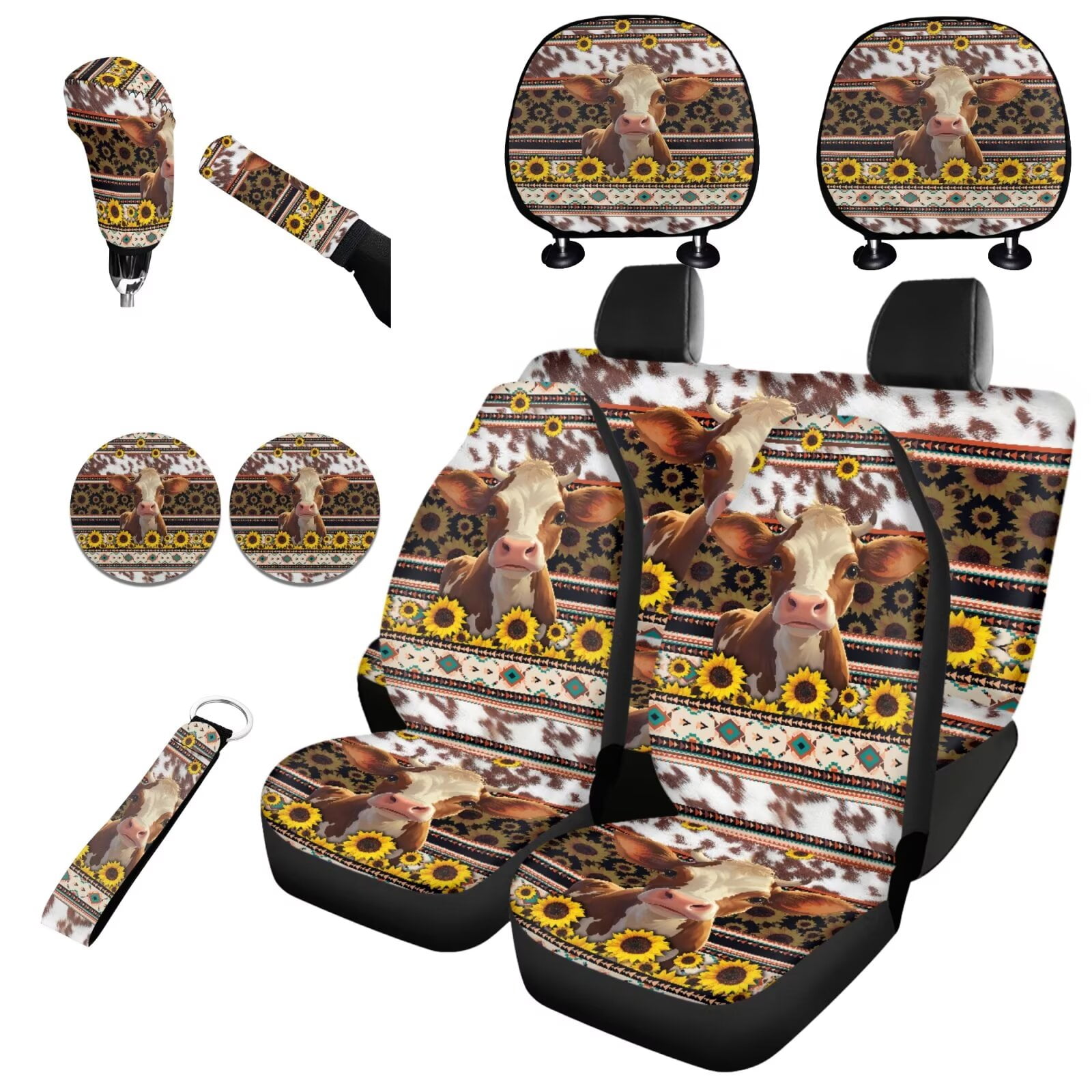 Garronmavis Aztec Highland Cow Car Seat Covers Full Set soft with Cars Headrest Protectors+Lanyards Key Ring+Auto Cup Coaster+Handbrake Gear+Shift Knob Cover Car Interior Accessories