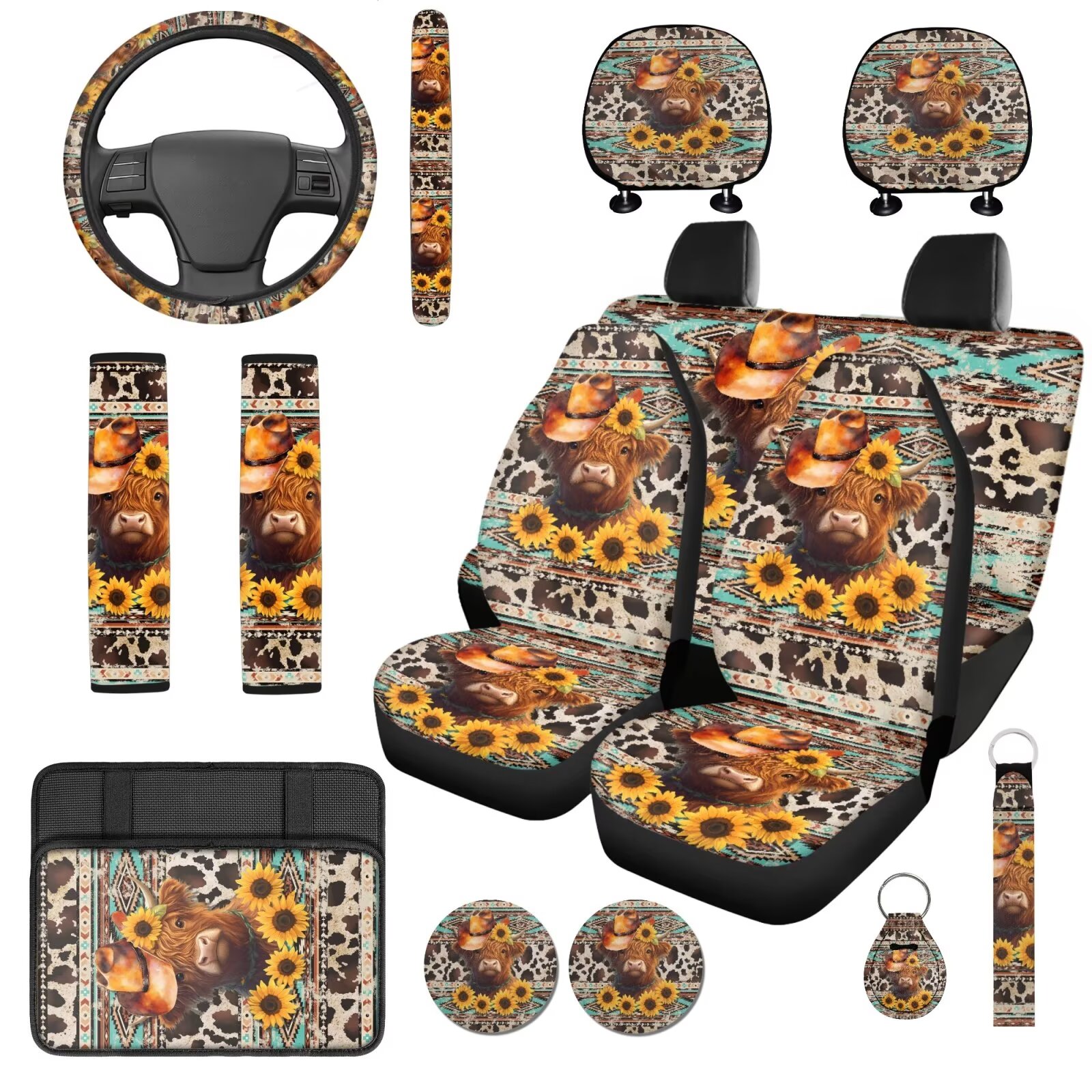 Garronmavis Aztec Highland Cow Car Seat Covers Set 14 Pack Head Rest Protector Car Steering Wheel Cover Auto Armrest Cover Seat Belt Covers Keychain and Coaster Universal Size Fit for Cars SUV