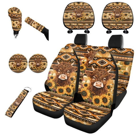 Garronmavis Aztec Highland Cow Car Seat Covers Set with Auto Headrest Cover+Handbrake Gear+Shift Knob Cover+Auto Cup Coaster+Wristlet Keychain Light Breathable Auto Interior Protector