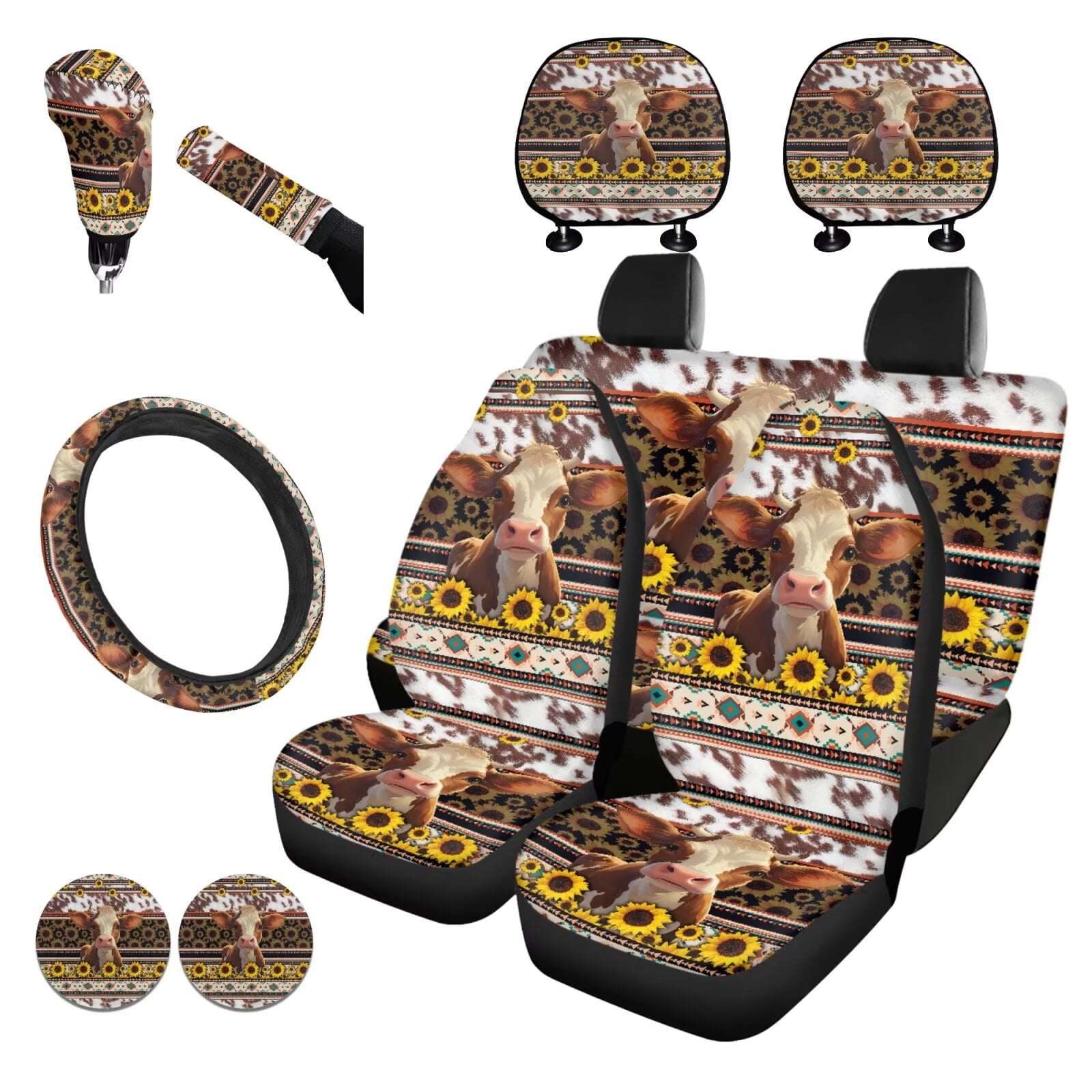 Garronmavis Aztec Highland Cow Sunflower Car Accessories Set with Steering Wheel Wrap Gear Shift Cover Handbrake Sleeve Headrest Protectors Cup Coasters Lightweight Auto Accessiores Universal Fit