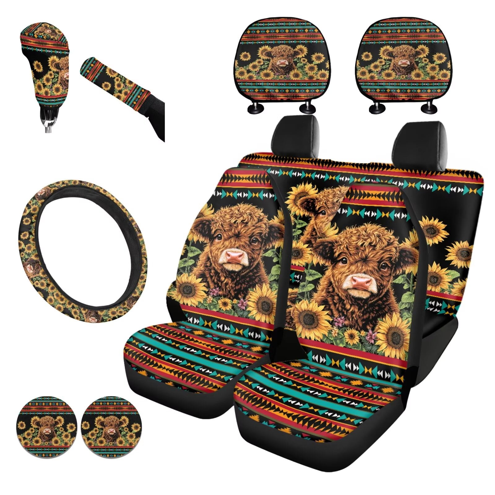 Garronmavis Aztec Highland Cow Sunflower Car Seat Covers Full Set Steering Wheel Wrap Gear Shift Cover Handbrake Sleeve Headrest Protectors Cup Coaster Set of 11 Decor Interior Protector