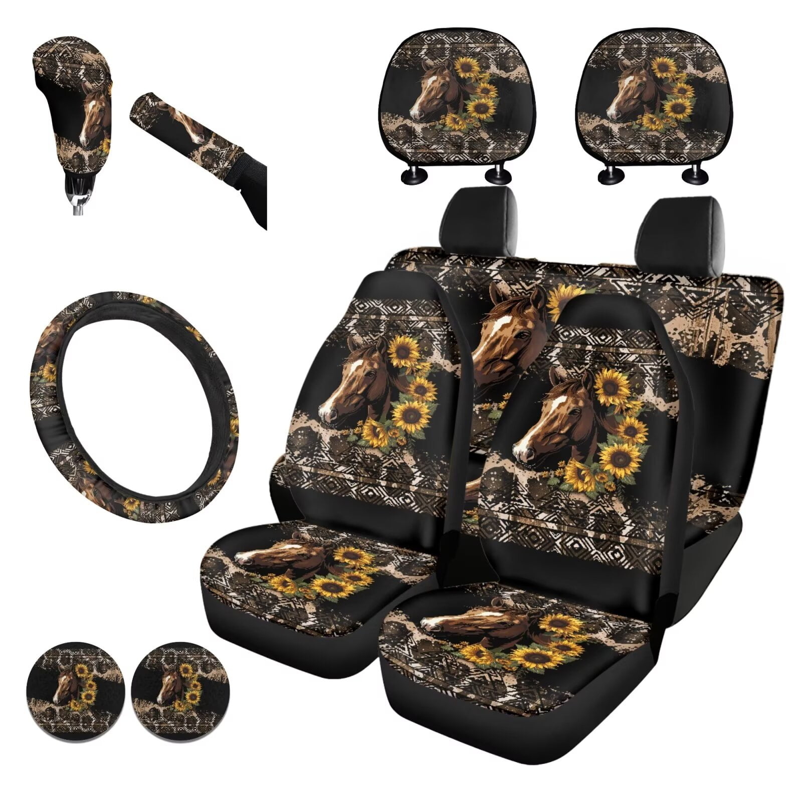 Garronmavis Aztec Horse Car Accessories Set Steering Wheel Wrap Gear Shift Cover Handbrake Sleeve Headrest Protectors Cup Coasters Easy to Install Air Breath in Summer Universal Interior Accessories