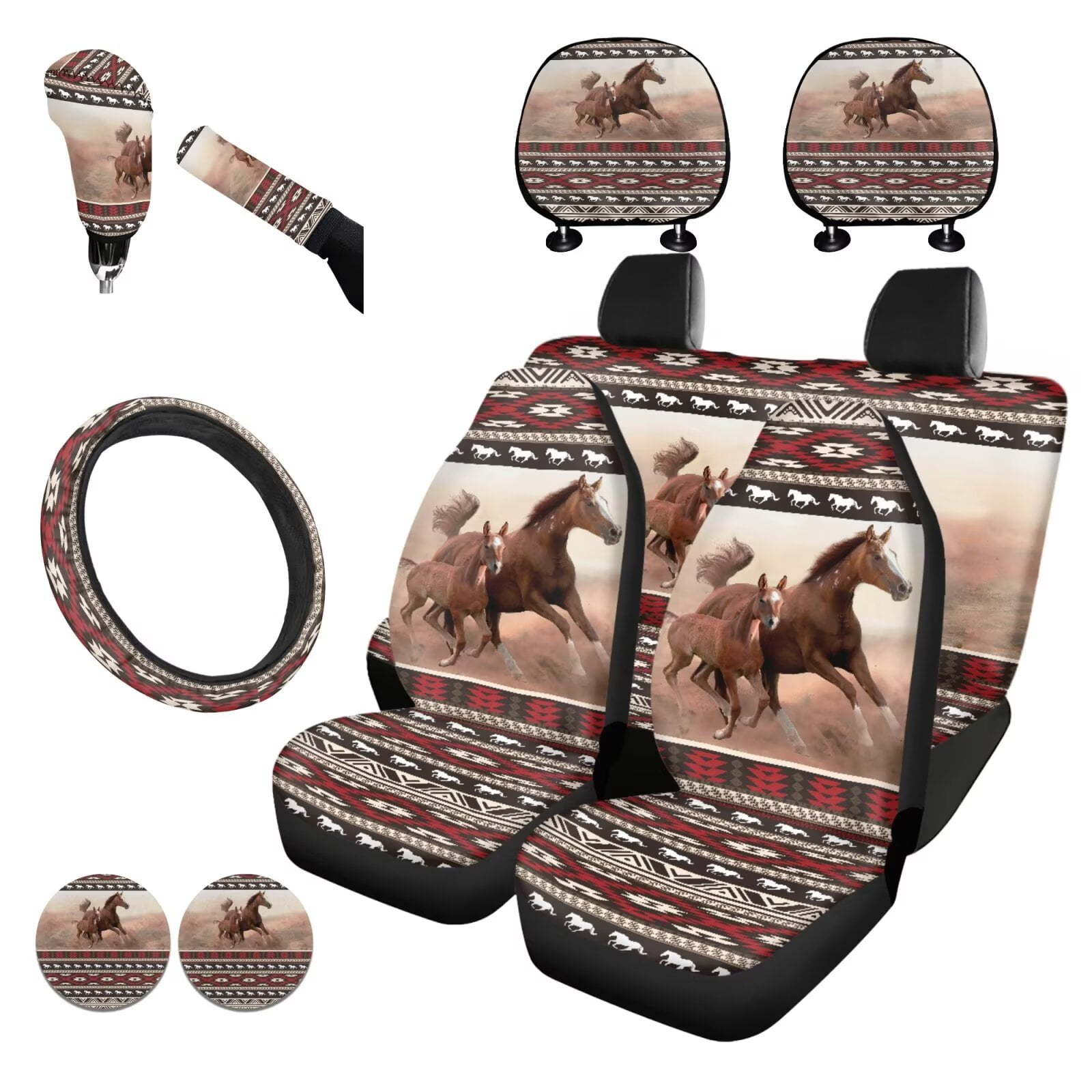 Garronmavis Aztec Horse Car Accessories Set with Steering Wheel Wrap Gear Shift Cover Handbrake Sleeve Headrest Protectors Cup Coasters Front Rear Seat Cover Set Interior Accessiores for Protection