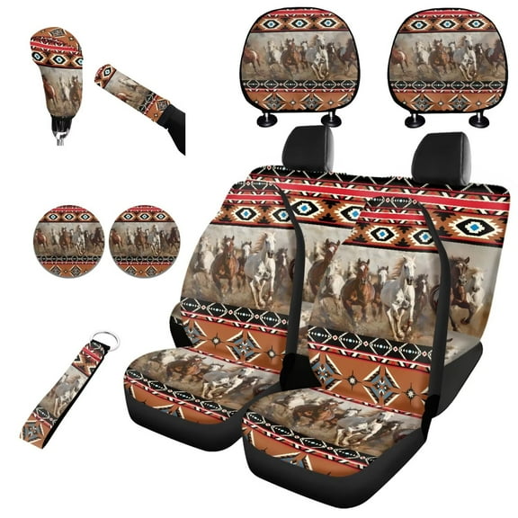 Garronmavis Aztec Horse Car Seat Cover Set for Women Men Pack 11 Pcs Interior Accessories with Auto Headrest Cover Handbrake Gear Shift Knob Cover Auto Cup Coaster Wristlet Keychain
