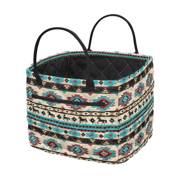Garronmavis Aztec Horse Print Quilted Laundry Hamper, Foldable Fabric Storage Basket with Handles, Large Capacity Decorative Organizer for Bedroom, Nursery, Bathroom, Dorm