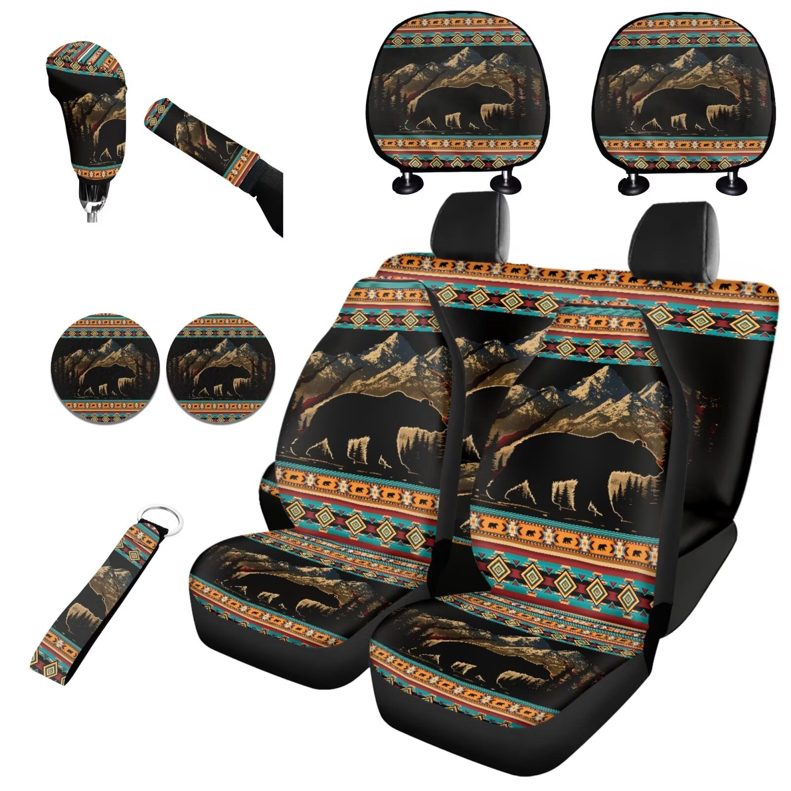 Garronmavis Aztec Mountain Bear 11Pcs Car Seat Cover with Headrest Cover+Cup Coasters+Handbrake Gear Shift Sleeve+Lanyards Key Chain Universal Fit Most Cars SUV Van Sedan Truck Interior Decor Sets