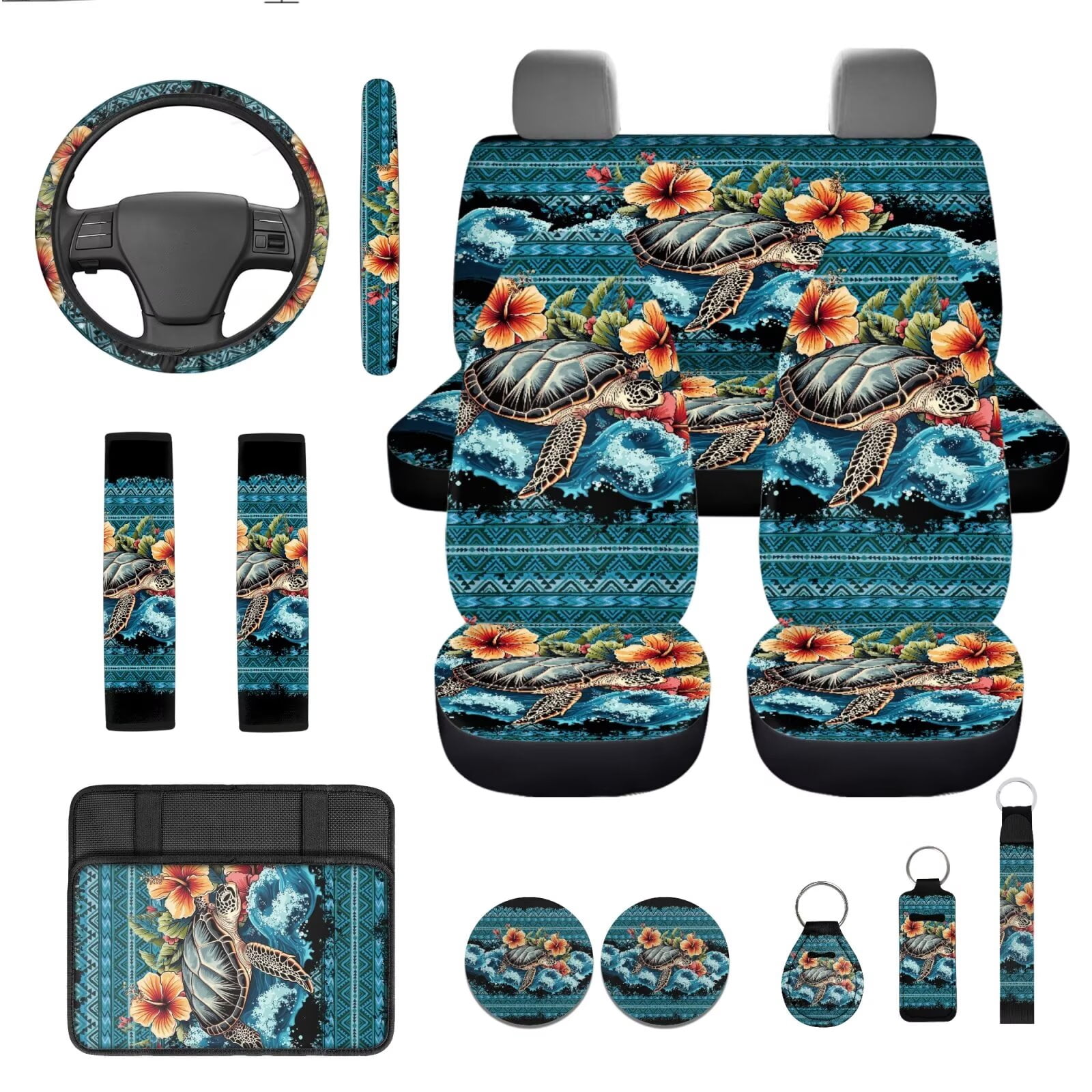 Garronmavis Aztec Sea Turtle Car Accessories Set of 13 Pieces Including Front and Rear Seat Covers + Seat Belt Covers + Steering Wheel Cover + Keychain + Coasters + Lipstick Cover Auto Decoration