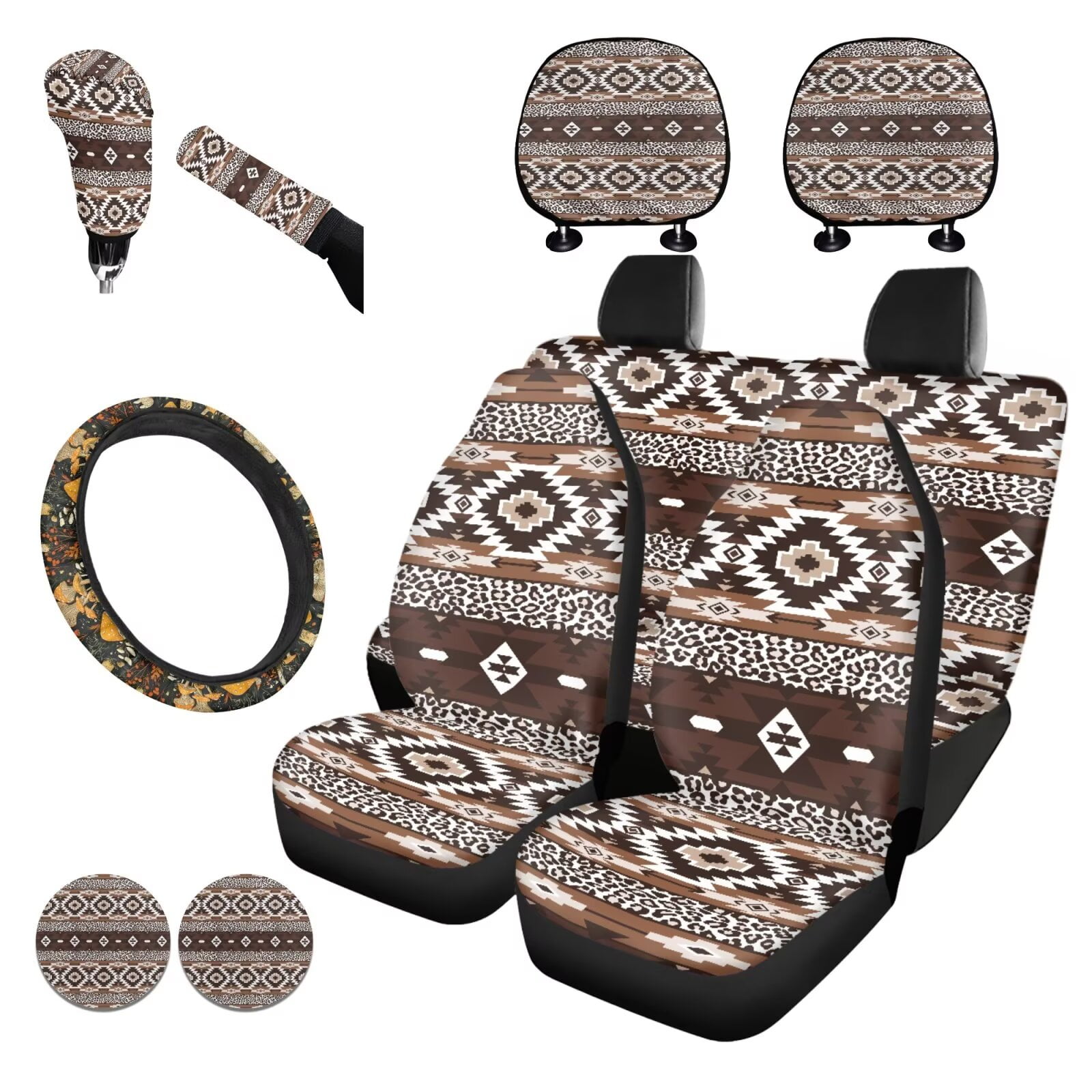Garronmavis Aztec Style Car Accessories Set for Steering Wheel Wrap Gear Shift Cover Handbrake Sleeve Headrest Protectors Cup Coasters Super Breathable Car Seat Protector Fit for Sedan Van Truck