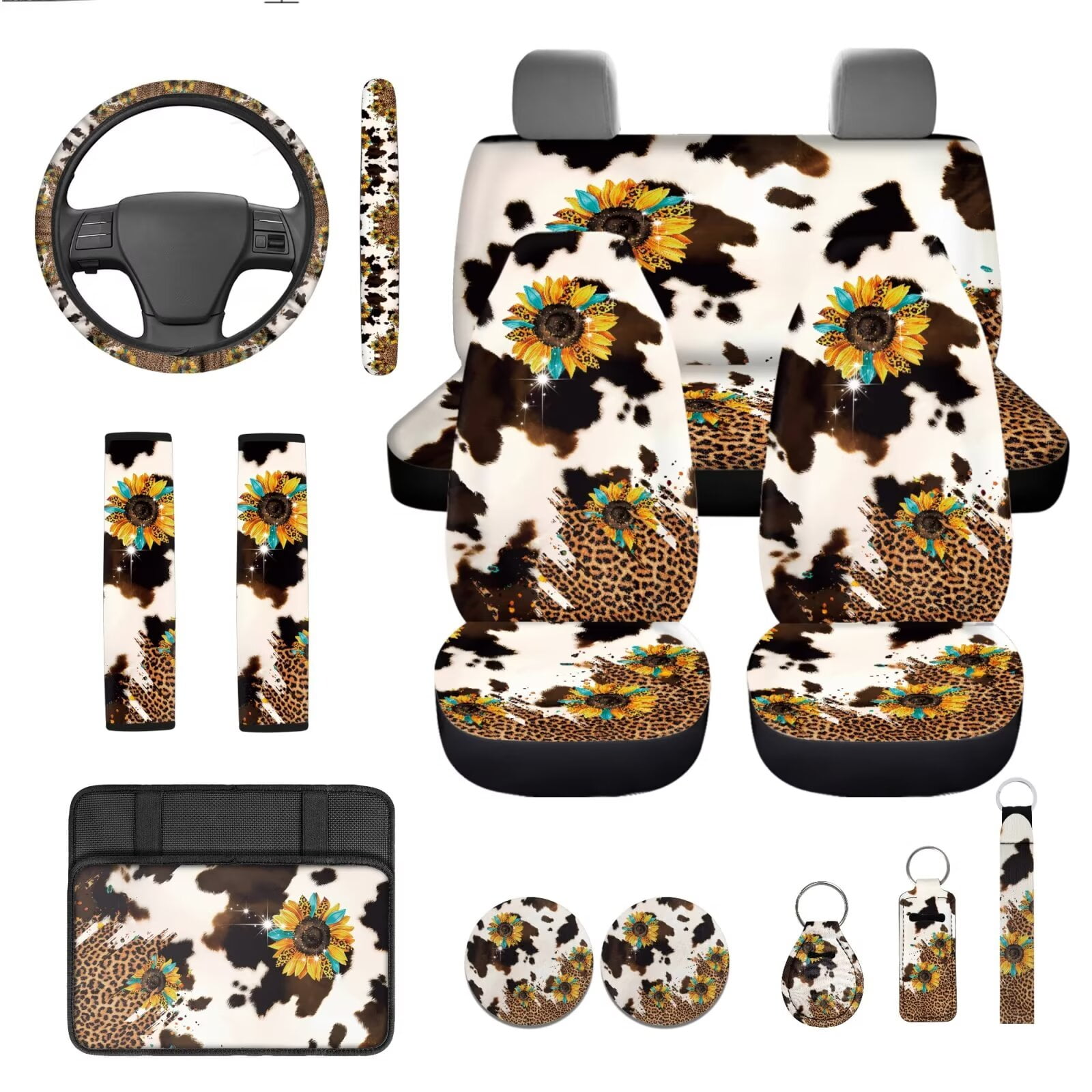 Garronmavis Aztec Sunflower 13 PCS Car Seat Cover Full Set Car Front Rear Seat Covers Steering Wheel Cover,Key Chain,Chapstick,Car Coasters,Seat Belt Pads