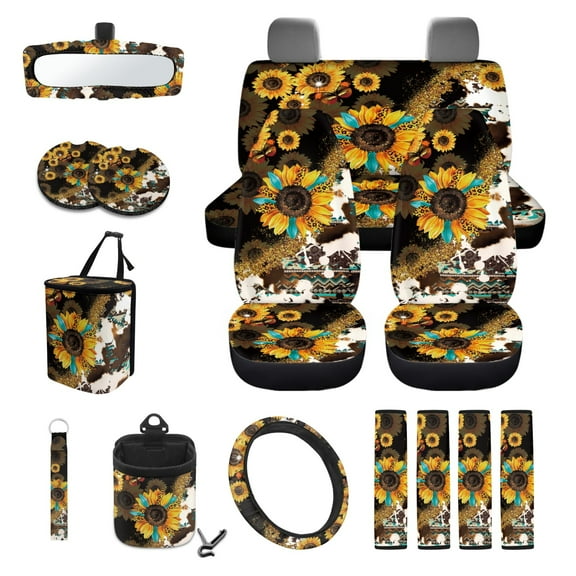 Garronmavis Aztec Sunflower 15 Pack Car Accessories Sets 4 Pieces Car Seat Covers Steering Wheel Cover Keychain Car Trash Bag Car Pouch Organizer Auto Rear View Mirror Covers Car Coasters