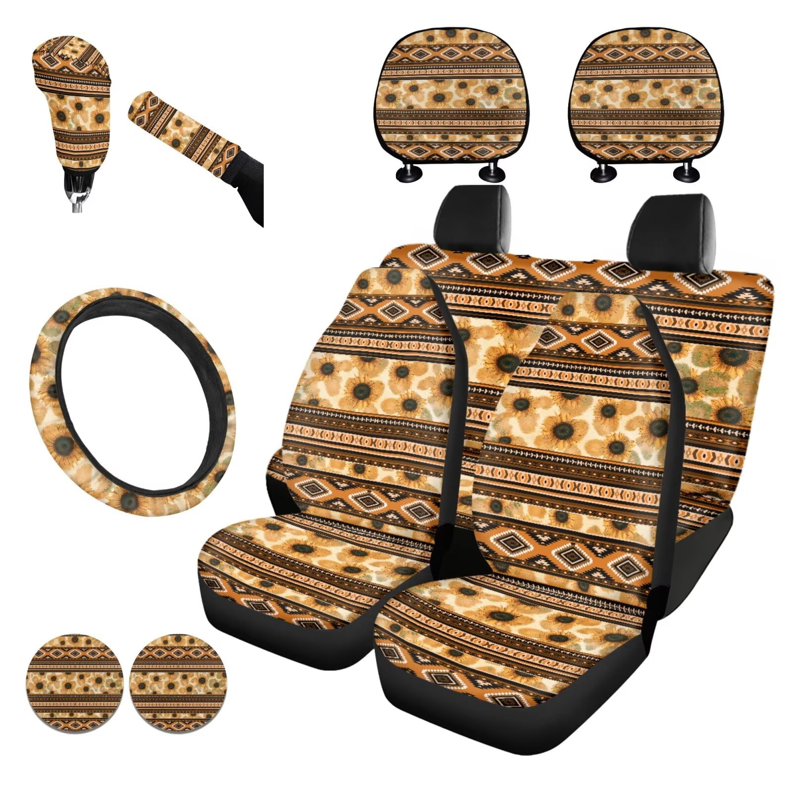 Garronmavis Aztec Sunflower Car Seat Covers Full Set for Interior Protection Decor Accessiores with Steering Wheel Wrap Gear Shift Cover Handbrake Sleeve Headrest Protectors Cup Coaster
