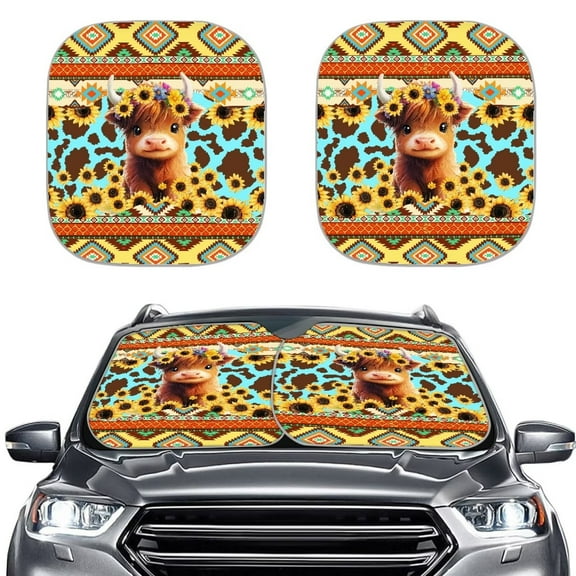 Garronmavis Aztec Sunflower Highland Cow 2 Packs Universal Fit Anti-UV Car Front Windshield Visor Sunshade for Most Vehicles SUV Sedan Van Trucks