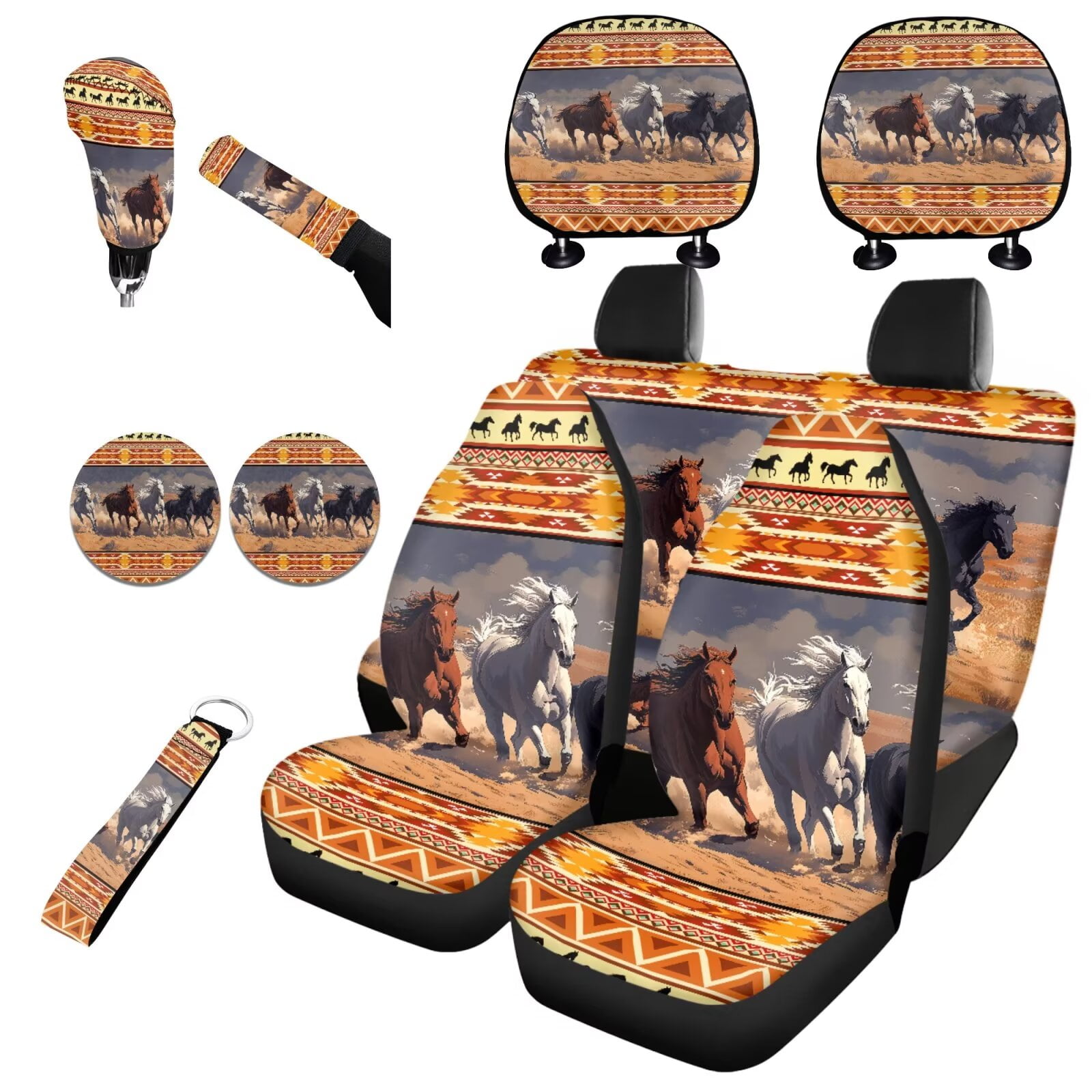 Garronmavis Aztec Three Horse Car Seat Covers Full Set Universal Seat Covers for Cars with Cars Headrest Protectors+Wristlet Keychain+Auto Cup Coaster+Handbrake Gear+Shift Knob Cover