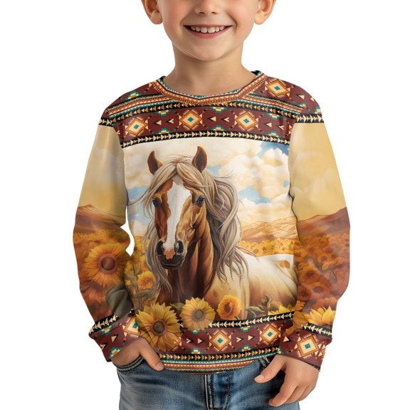Garronmavis Aztec Tribal Boys Long Sleeve T-Shirts 5-6 Comfortable Horse Crew Neck Soft Casual Tops Warm Long Sleeve Crewneck T-Shirts Tee Tops Fashion Fall Winter Clothes