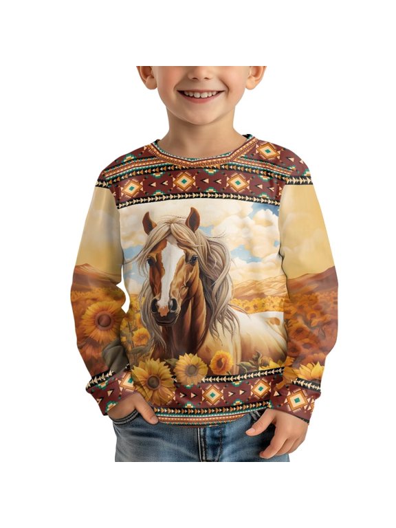 Aztec Tribal Boys Long Sleeve T-Shirts 7-8 Comfortable Horse Crew Neck Soft Casual Tops Warm Long Sleeve Crewneck T-Shirts Tee Tops Fashion Fall Winter Clothes