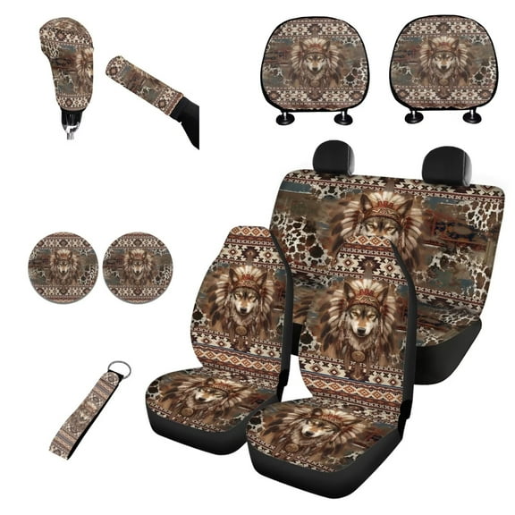 Garronmavis Aztec Wolf 11 Pieces Car Seat Cover with Headrest Cover Cup Coasters Handbrake Gear Shift Sleeve and Lanyaeds Key Chain Universal Fit Most Cars SUV Van Sedan