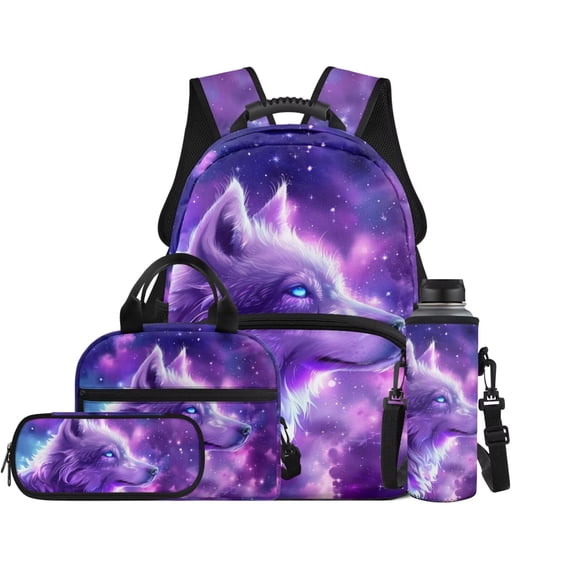 Garronmavis Backpack Set for Boys 4 PCS School Bag with Lunch Bag & Pencil Case & Water Bottle Bag, Galaxy Wolf Print Kids Backpack Casual Satchel Laptop Bags Travel Bookbags Set
