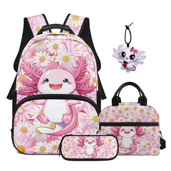 Garronmavis Backpack Set for Elementary School Girls, Includes Bookbag & Insulated Lunch Bag & Pencil Case & Distinctive Axolotl Keychain, Daily School Use Set of 4