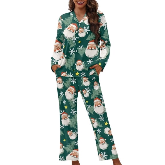 Garronmavis Christmas Santa Claus Women's 2-Piece Pajama Set Long Sleeve Button Down Lounge Sets Lightweight & Breathable Sleepwear Xmas Nightwear, Green