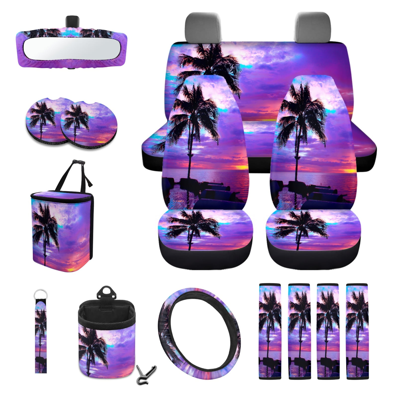 Garronmavis Beach Sunset 15 PCS Car Seat Cover Full Set 4 Pieces Car Seat Covers Steering Wheel Cover Wristlet Strap Car Trash Can Car Dash Accessories Rearview Mirror Cover Car Coasters