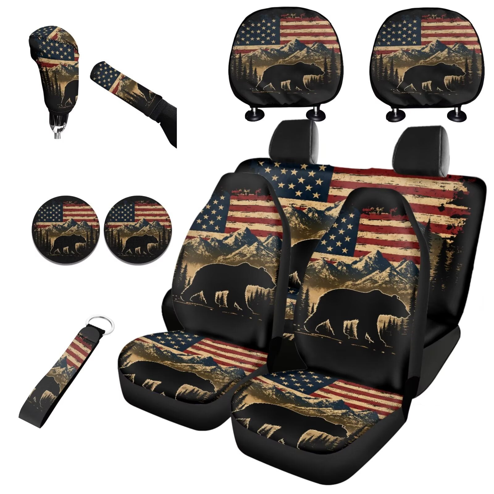 Garronmavis Bear American Flag Car Seat Covers Full Set Universal Vehicle Cushion Protectors with Cars Headrest Protectors+Wristlet Keychain+Auto Cup Coaster+Handbrake Gear+Shift Knob Cover