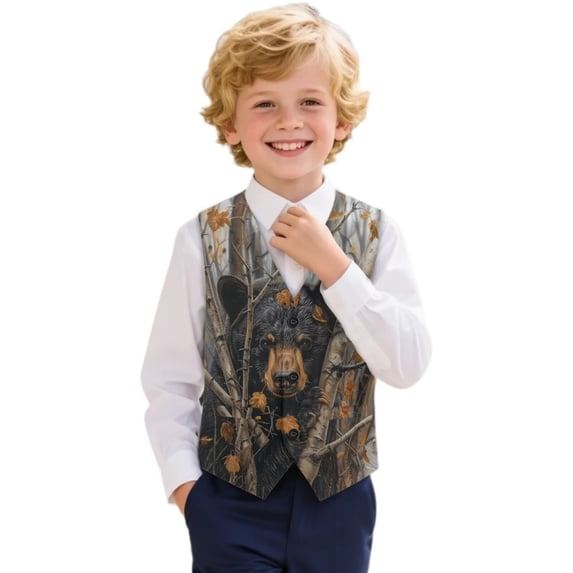 Garronmavis Bear Boys Outerwear Vests Comfortable Camo Forest Formal Waistcoat Vest with Pockets Fashion 3-button Single Breasted Closure & 2 Slit Pockets Stylish Fall Winter Coats