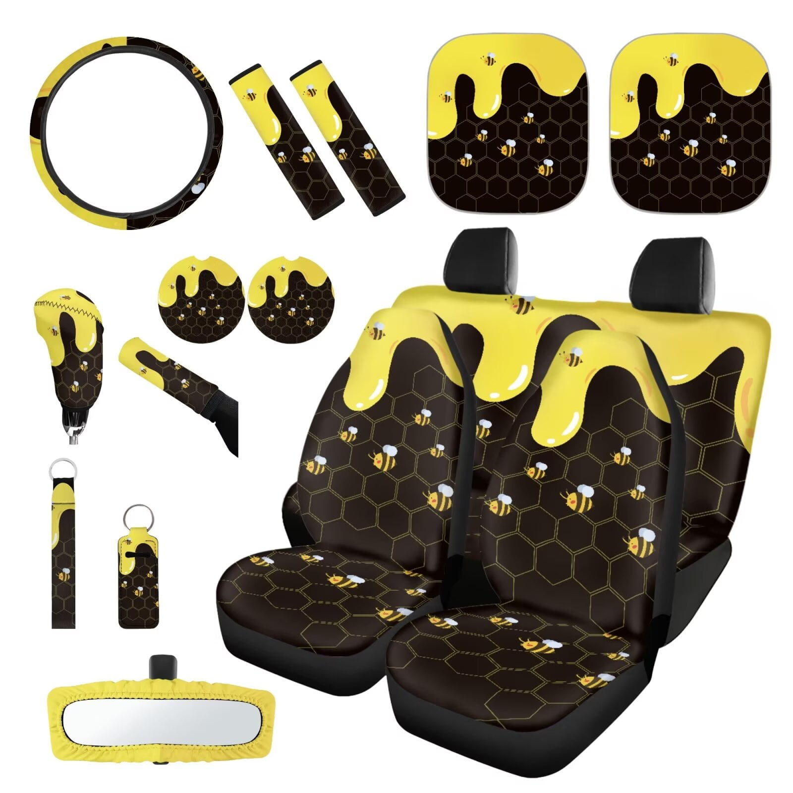 Garronmavis Bee Honey 16 Pcs Car Accessories Set Car Seat Belt Pads Cover Auto Keychain Holder Gear Shifting Knob Cover Cup Mats Front Window Sunshade Rearview Mirror Cover