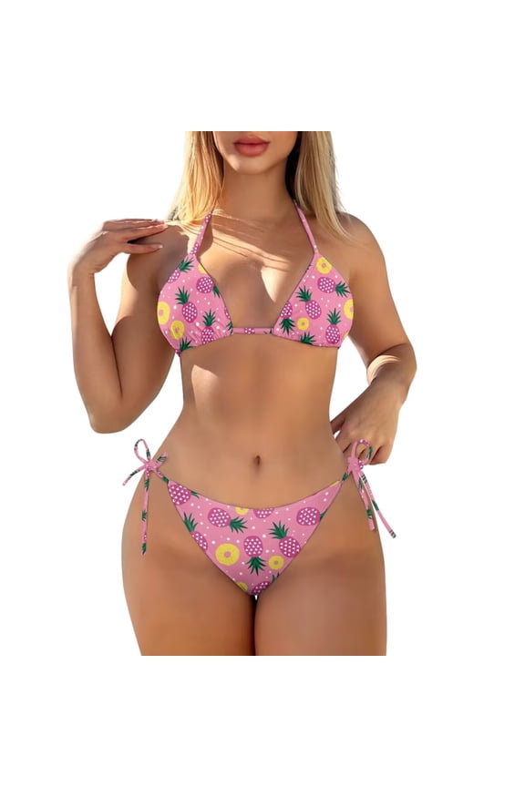 Bikini Sets for Women Pink Pineapple Sexy Bathing Suits Summer Hawaii Swimwear Halter Triangle Tops String Cheeky Bikini Set Beach Swim Wear
