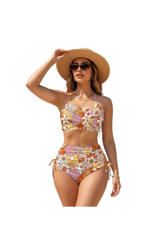 Bikini for Women 2 Piece Floral Print Swimwear Twist Front Crisscross Tie Back Drawstring Tummy Control Bathing Suits Summer Beachwear