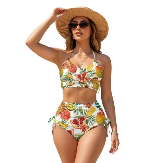 Garronmavis Bikinis Sets for Women 2 Piece Tropical Fruit Twist Front Swimsuits Tummy Control Crisscross Tie Back Bathing Suit Side Drawstring Swimwear