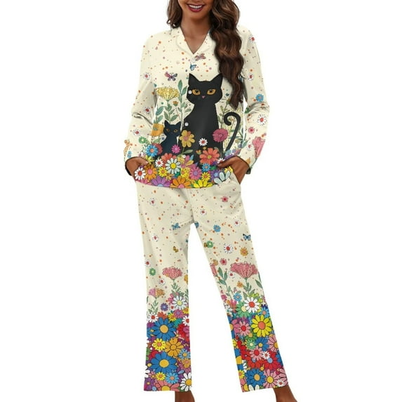 Garronmavis Black Cat Flower Button Up Pajamas for Women Soft Pajama Set and Long PJ Pants Set Soft Breathable Sleepwear Casual Lounge Sets