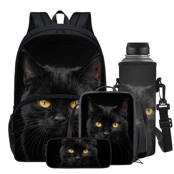 Garronmavis Black Cat Print Backpack Set Boy School Bags for Kids Gifts, School Bag with Pencil Holder Case Lunch Box Water Holder Case Travel Satchel Laptop Bags